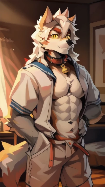 (by Hioshiru, by null-ghost, By personalami, by Honovy, by thebigslick, author:Feinhertz), Male, Solo, domestic dog, horn, floppy ears, clawed paws, Smile,Masterpiece, Best quality, offcial art, Extremely detailed Cg Unity 8K wallpaper, Ultra-detailed, Best Illustration, Best shadow, Perfect lighting, White fur, Furry male, Dog boy, Furry, Two-tone fur, 1boys, multicolored hair, Male focus, Horns, Striped hair, Dog ears, Animal ears, single horn, Brown fur, bangs, Orange hair, White hair, Medium hair, Orange eyes, Solo,Black holes,ssmile,Blushing,the shy,sexy for,Temptation of the,Desire for dissatisfaction,Naked upper body,Bare thighs,The calves are bare,Barefoot,Pocket cloth,massive bulge,The erection,In a superior hotel,On a white bed,A collar is worn around his neck,Dog leash,In the dark,Sit Pose,Pocket cloth,full bodyesbian,sideface,sole,Open legs,Tall and strong,Muscular,Orange tail,Fluffy tail,Hair is supple,perspire,Soft eyes,gentle,Smile slightly,Strong