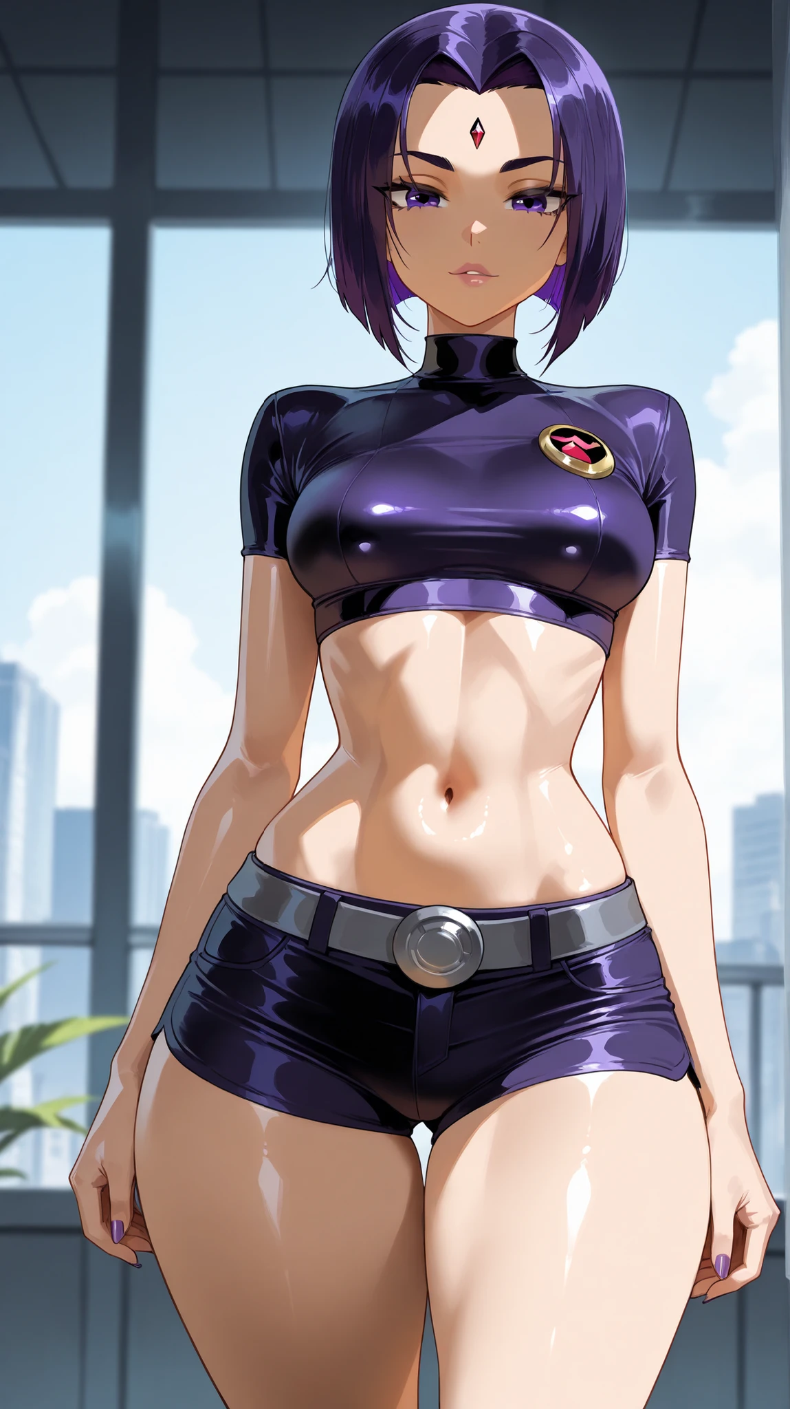 Beautiful young teenager, 1girl, purple hair, blue eyes, extremely short hair, freckles on face, happy, smiling, thin frame eyeglasses, thick lips, full lips, huge breasts, extreme cleavage, deep cleavage, very thin body, unzipped racing suit, unzipped down to belly button, high heels, perfect anatomy, racetrack background, ultra-detailed, 4k, 8k, best quality, masterpiece, model, modeling, posing for camera, detailed background
