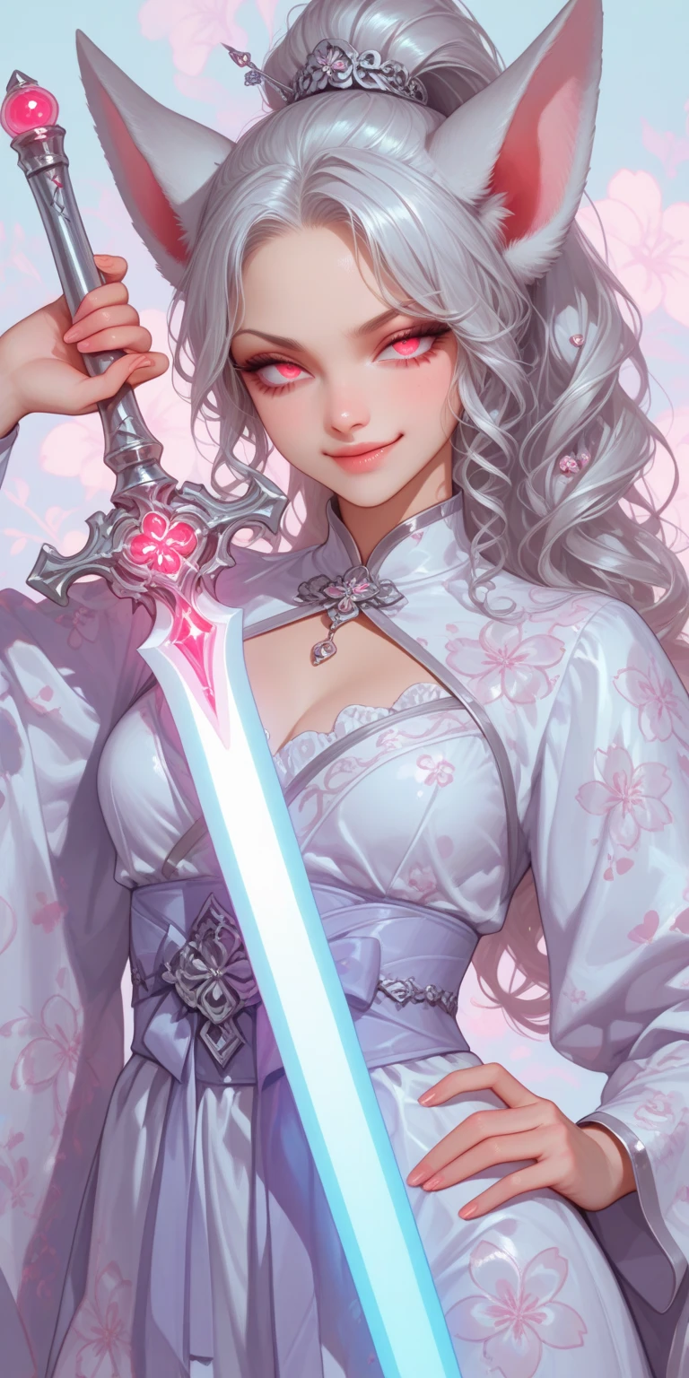 Masterpiece, Superb Girl, Night Moon Full Moon, 1 Female, Mature Woman, Sister, Royal Sister, Cold Face, Expressionless, Silver-White Long-Haired Woman, Light Pink Lips, Calm, Intellectual, Three-banded Gray Eyes, Assassin Short Knife, Flower Ball Background, Hand Details, Finger Details, Facial Details, Eye Details,