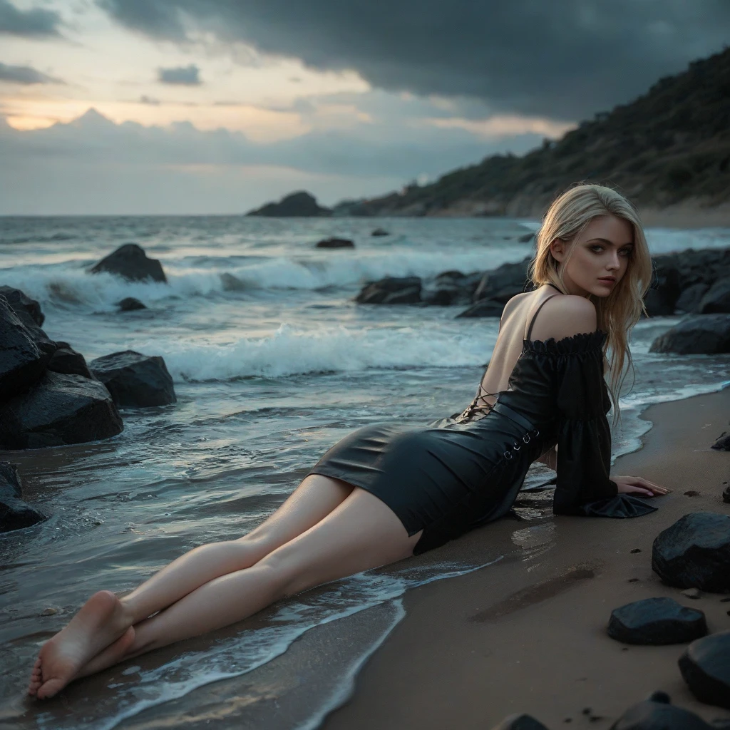 A stunning, intricate full color portrait, 12 year old girl, epic character composition, alessio albi, nina masic, sharp focus, natural lighting, subsurface dispersion, f2, 35mm, portrait, hard shadows, portrait, photography, detailed skin, realistic, photo-realistic, 8k, highly detailed, full length frame, High detail RAW color art, diffused soft lighting, shallow depth of field, sharp focus, hyperrealism, cinematic lighting, perfect face, perfect looks, thin arms, young, 1girl, solo, lean body, flat chest, thin thighs, small waist, cold, outside, rainy, storm, beach, show accurate, cute, alone, sexy, looking from behind, rear view, from back, look behind, skinny, wet body, wet, night time, short skirt, high short skirt, standing in ocean