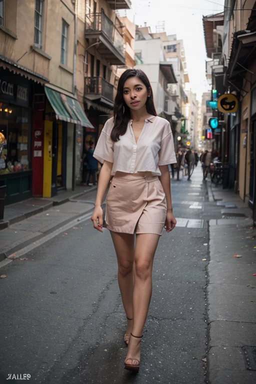 Upper body of a beautiful young girl, 17 years old, Indonesian, cheerful, white T-shirt, white jacket and pink skirt, street in the historic part of Paris, in the evening.