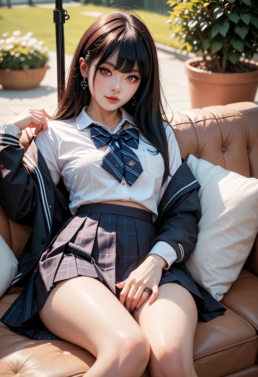 Trendy clothes, white blouse and black skirt, bed, 15 years old