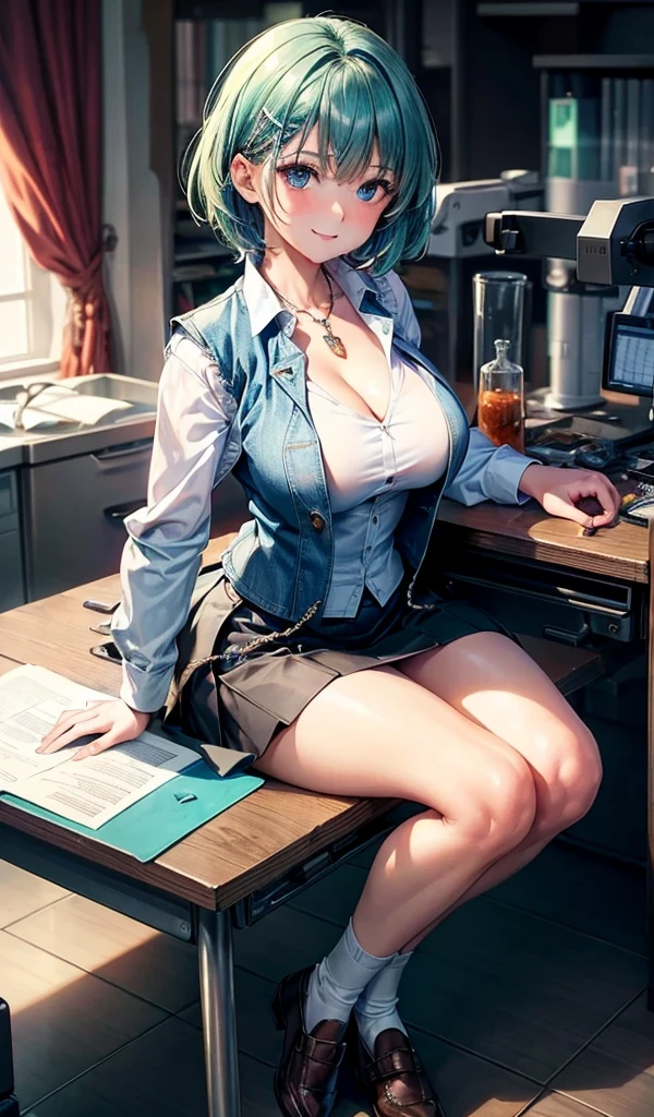 POV: ((((Super huge enormously gigantic breasts, cleavage showing)))) blue hair, school girl uniform and school girl skirt, lace panties, skinny, slim thick, small waist, 8k, UHD, (accentuated super huge enormously gigantic , sexy seductive slutty pose), school classroom background 