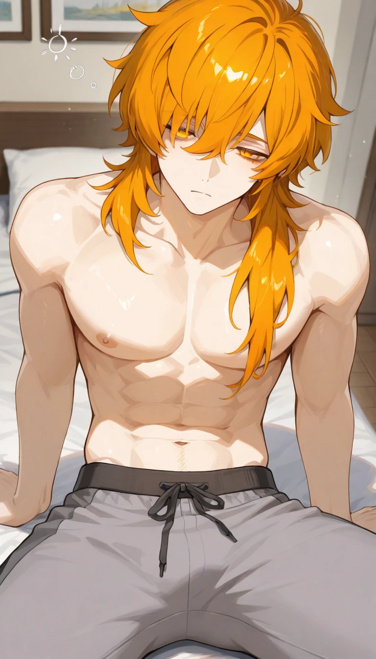 Handsome and muscular man, sitting on top of a table with legs spread, big penis,erect penis, unclothed,hairless,long, orange hair tied up in a bun, Freckles and blue eyes,classic Kimetsu no Yaiba anime design,hairless, whole body, unclothed interior, scar on the left side of the neck, anime, hentai