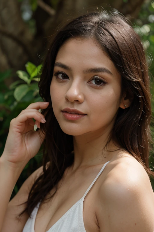 Beautiful young girl of 18 years, elegant medium hair, with ambient light from the side, thin lips with gloss, fertile, sultry expression, hazy dreamy eyes, eye lids, blushing, smile face, light makeup, warm, moist, oily complexion, close up face, attractive, realistic, real and good looking, energetic, high quality, most beautiful girl in the world, smiley face, taking pose outside, wearing pink frock with showing teeth and full body