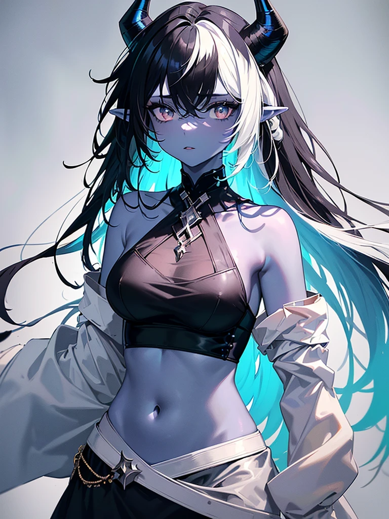 (masterpiece,best quality,ultra-detailed),1girl,black hair,messy hair, pointy ears,(((coloured skin,pale blue skin))),oni horns,black crop top,((grey theme)),((pastel colours theme)),in a meadow,night,cloudy
