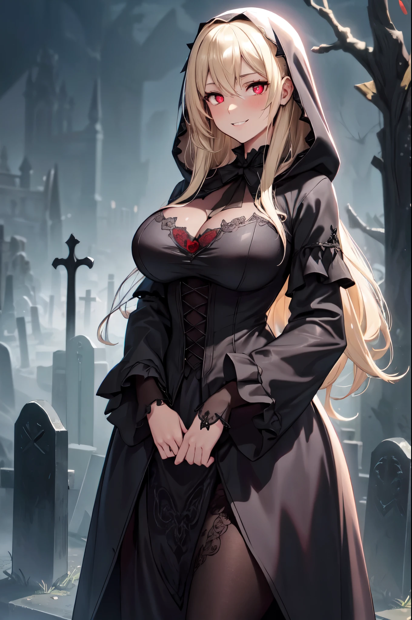 score_9, score_8_up, score_7_up, score_6_up, 1girl, busty vampire, portrait, pale skin, red eyes, , horror world, busty, small waist, wide hips, from front, graveyard, cleavage, vampire teeth, sharp teeth, upper body, black dress, nighttime, open grave, coffin