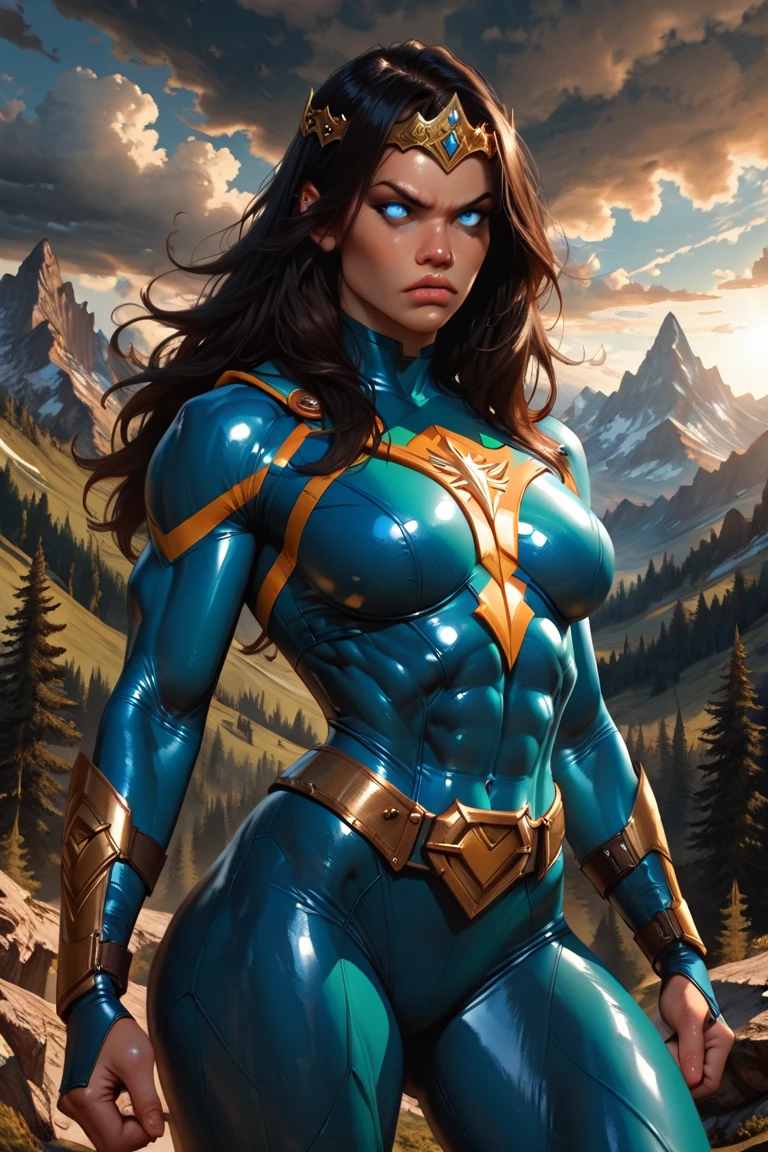 "(best quality,highres:1.2),ultra-detailed,realistic,superhero girl,incredible strength,flying through clouds,shining cape and mask,confident posture,sparkling eyes,aurora borealis backdrop,vivid colors,dynamic lighting,comic book style,action-packed scene,strong muscles,cityscape in the distance,powerful energy bolts,protecting the world,inspiring courage and hope, masterpiece, best quality:1.2, ((muscular:1.5)), ((smile)),((lauiuscle:1.5)),(dry_muscle)),((huge_muscle:1.5)), female:1.5,Dark from front, upper_body, laugh, flex muscle,