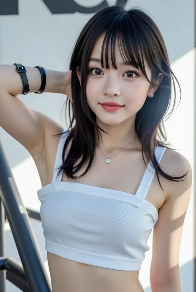 ((best quality)), ((masterpiece)), (detailed), perfect face. Asian girl. Tanktop. Bedroom Wall. Low lighting. Armpit.