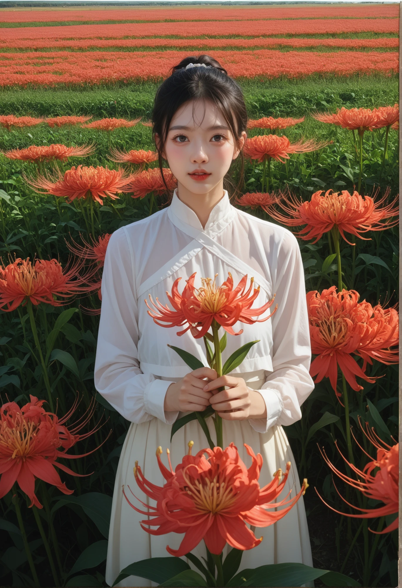 女の子1人, (Full body), Unknown , detailed clothes, (delicate illustration:1.4),(masutepiece:1.0), (Best Quality:1.4), (超A high resolution:1.2), (Photorealistic:1.4), (8K, Raw photo:1.2), (Soft Focus:1.4), (18year old:1.3), (Sharp Focus:1.4), (Renaissance art:1.4), Detailed beautiful face, (Blouse with white collar), Holding an amaryllis flower with both hands