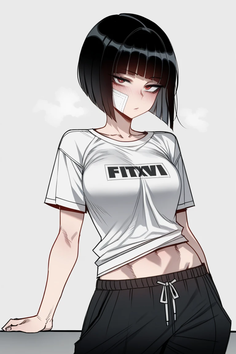 1 girls, Short white shirt, short hair, Blindfold, sexy body, Cigarette, Cellphone, plump girls, Big breasts, quality 4k, Ultra, high-detail graphics