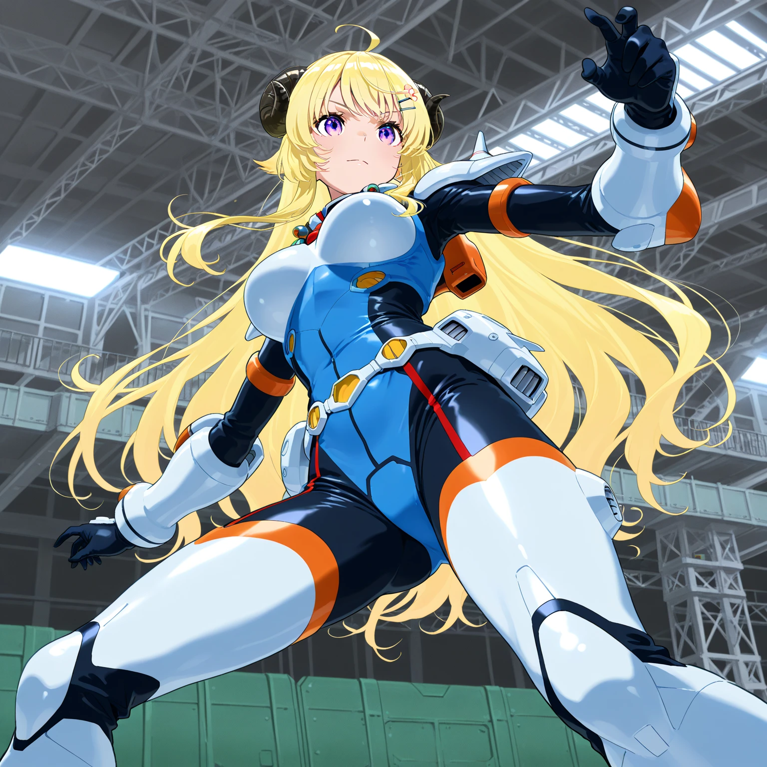 masterpiece, Best Quality, Ultra-high resolution illustrations, hight resolution, (1girl, Solo), Serious, concentrating, medium breasts, thick thighs, building, city, Skyscraper, Number of buildings in the background, (Red and Blue Ultraman Bodysuit:1.1), Blue jewelry on chest, Between buildings, (extremely detailed arms, hands), (((fighting style,GTSCity))), close-up