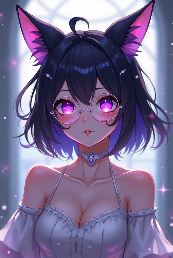 chibi, cute anime character girl, messy wavy hair, cross-shaped pupils, wearing loose baggy hip-hop fashion, attractive and seductive face, make-up, covered in tattoos, superlative body proportion, background another dimension, notes effects, star effects, heart effects, glitter effects, 2.5D, delicate and dynamic, graphic CG digital art