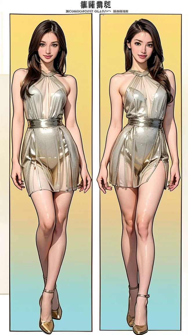 ((masterpiece)),(((Highest quality))),((Character design sheet)),Thin thighs,Long legs,((woman, alone, Long Hair)),Innocent look, Bare arms, Expose your shoulders, Gold and silver see-through dress,Golden Hair,The best smile,