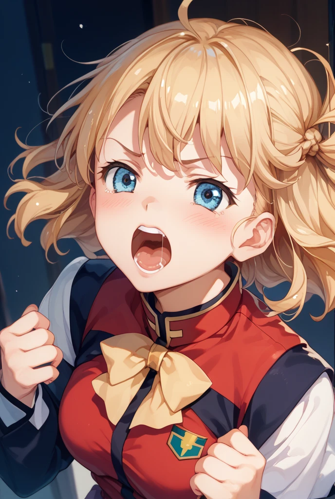 giantess, a tiny cityscape on a table below a giantess breasts and face, a giantess looming over a tiny cityscape from sky view, from below view, (simple background: 1.1), (store background: 1.2), (small petite), cleavage, (looking down), toga himiko, blonde hair, hair buns, messy hair, yellow eyes, (behind glass: 1.1), hands against glass, (looking straight down), (cityscape from sky view on a platform: 1.3), hills, cliffs, mountains