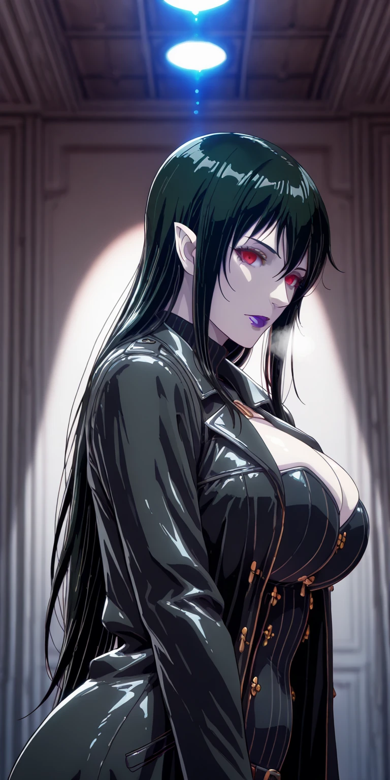 (Cirenk-style:1.2), (tanabe_(studio_tiamat)-style:1.2), ((anatomical correct)), ((Cinematic, unreal engine, eye-catching, ambient occlusion, UHD, masterpiece)), ((perfect lighting, soft shadow)), perfect body, perfect eyes, perfect fingers, gasping, heavy breathing, gasping profusely, ((skindentation)), ((curvy)), enigma, vampire, long hair, ((black hair)), hair between eyes, red eyes, pale skin, purple lips, lipstick, pointy ears, big breasts, plump, 1girl, solo, looking_at_viewer, jacket, sweater, upper_body, sidelocks, breasts, coat, ribbed_sweater, turtleneck, looking at viewer, glow effects, godrays,