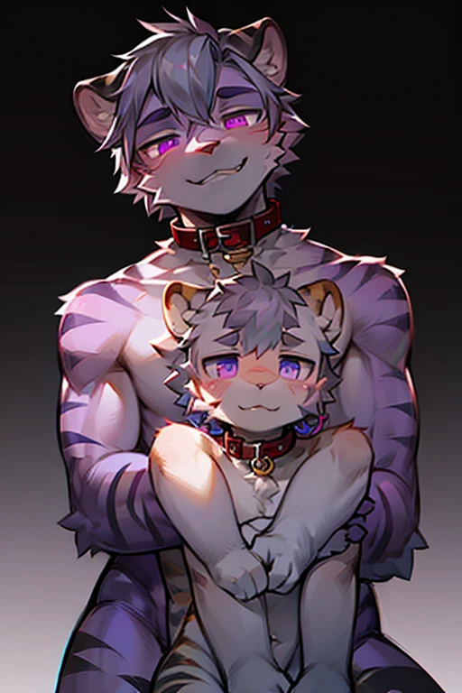 score_9,score_8_up,score_7_up, anthro raccoon, lynx, hybrid, furry art, long hair, hair over shoulder, shirtless, ((shota)), (purple fur), purple body, ((soft body)), fuzzy, one fang, purple eyes, kemono, cute, ((eyeliner)), mascara, eyelashes, huge collar, ???, young, narrowed eyes, between legs, fullbody, floppy ears, navel, belly, view from below, nipples, ear piercing, ((lingerie)), shoulder tuft, chest tuft, excessive fluff, (chest fur), (neck fur), (neck tuft), belt, arm band, solo focus, bulge
