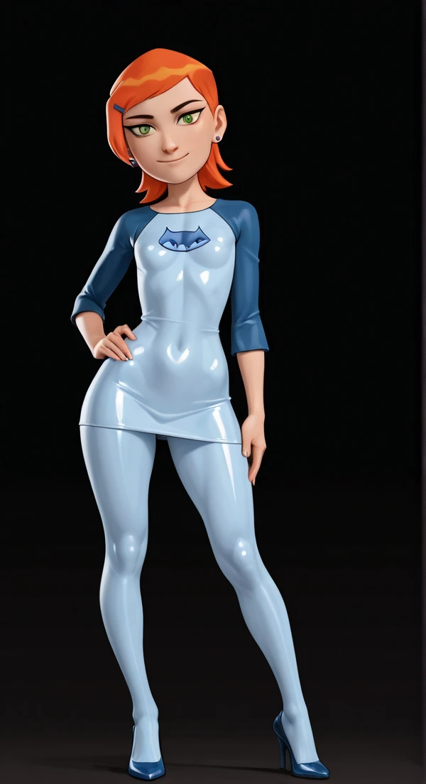 ((Gwen tennyson)), loli, tight clothing, blue crop top, miniskirt, standing, inside bedroom