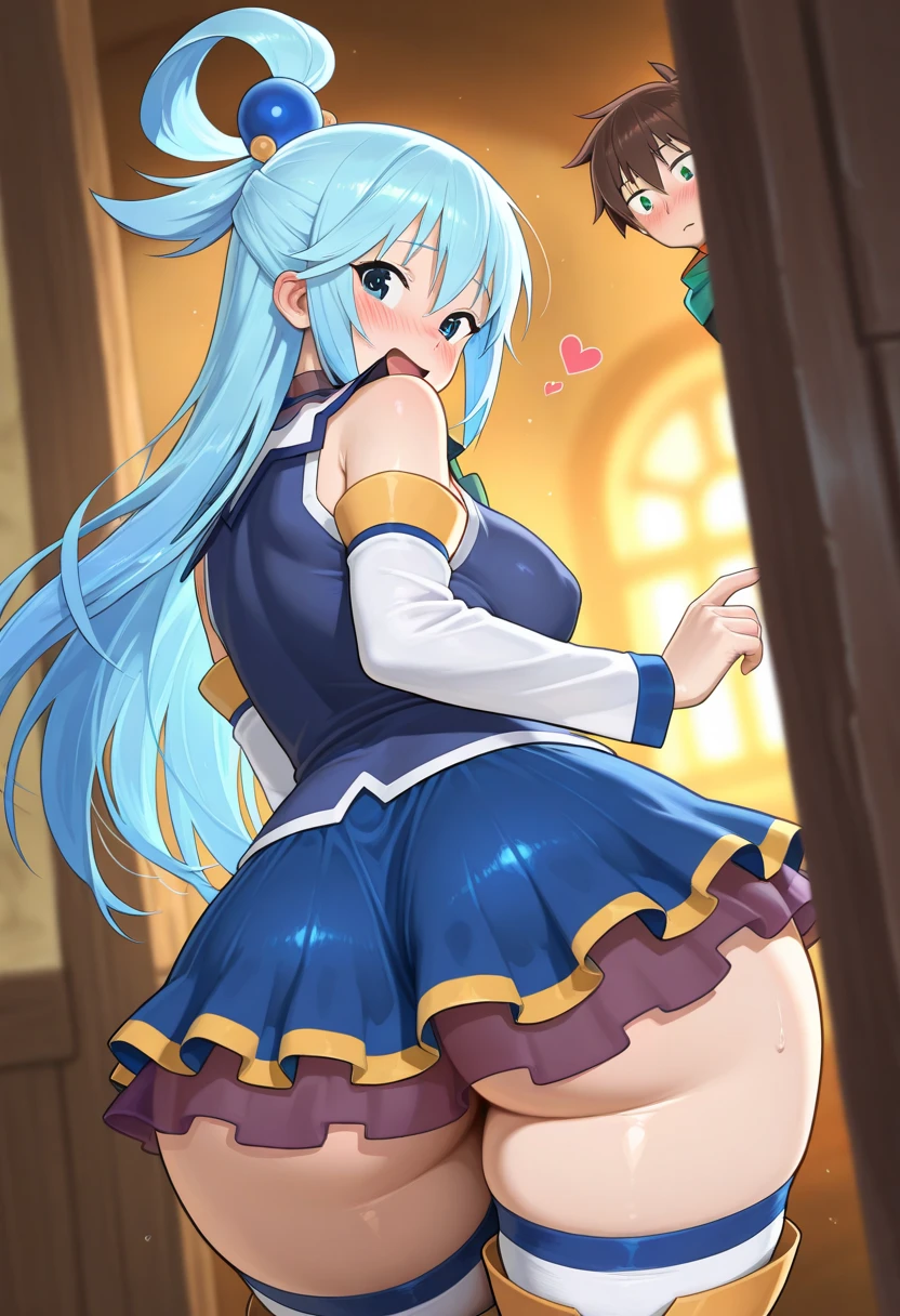 anime,konosubaAqua, Aqua,(((((Super big breasts)))))、Thighs、Big Ass、 Long Hair, blue eyes, hair ornaments, very Long Hair, Blue Hair, Hair Ring, シングルHair Ring, Hair ties, smile, S Mag,
skirt, shirt, Knee socks, Bare shoulders, Removable sleeves, white Knee socks, blue skirt, blue shirt, Green ribbon,Home、View your audience, Cowboy Shot, Dutch Angle,