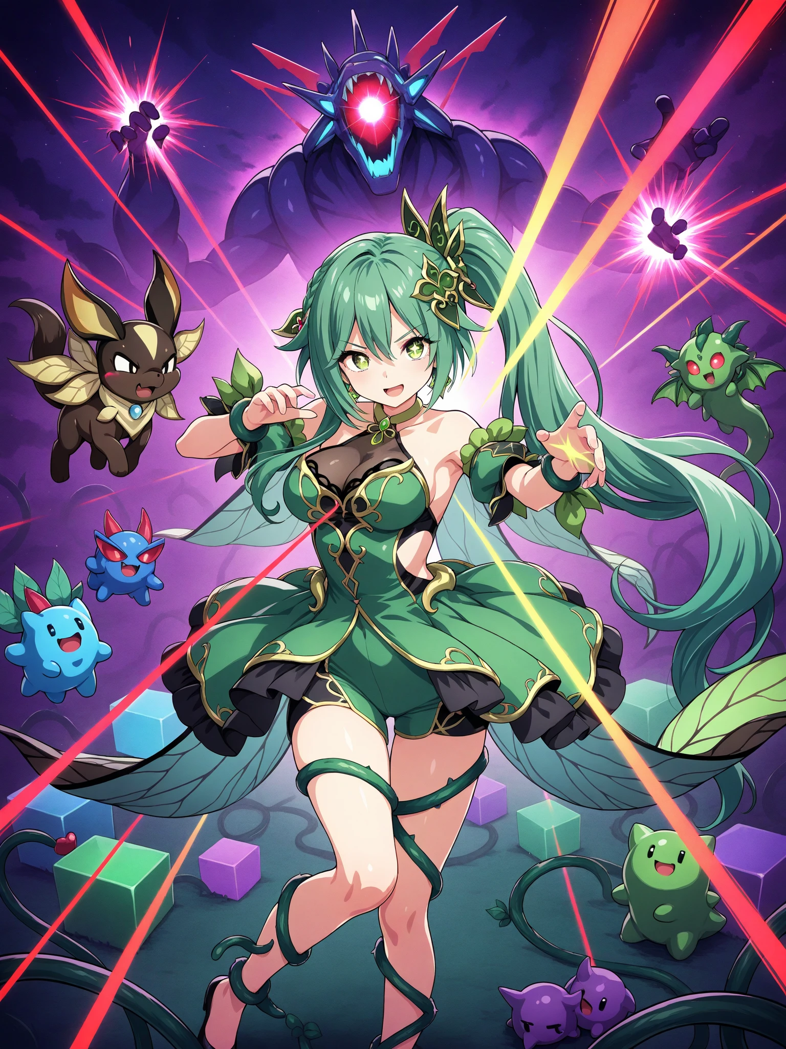 ((best quality)), ((highly detailed)), masterpiece, absurdres, extremely detailed face, beautiful face, (detailed eyes, deep eyes), (1girl), dynamic pose, full body, (((fairy))), ((miniature)), multiple wings, <lora:butterflyWingsV1:.7>, butterfly wings, ((glowing wings)), symmetrical wings, intricate wing pattern, transparent wings, large breasts, cleavage, thin waist, short hair, green hair, (((flying))), in the air, leotard, cameltoe, strapless, sleeveless, glitter, microskirt, oversized plants, giant mushrooms, :D, (in a mausoleum, midday), <lora:bacun:1.2>, bacun