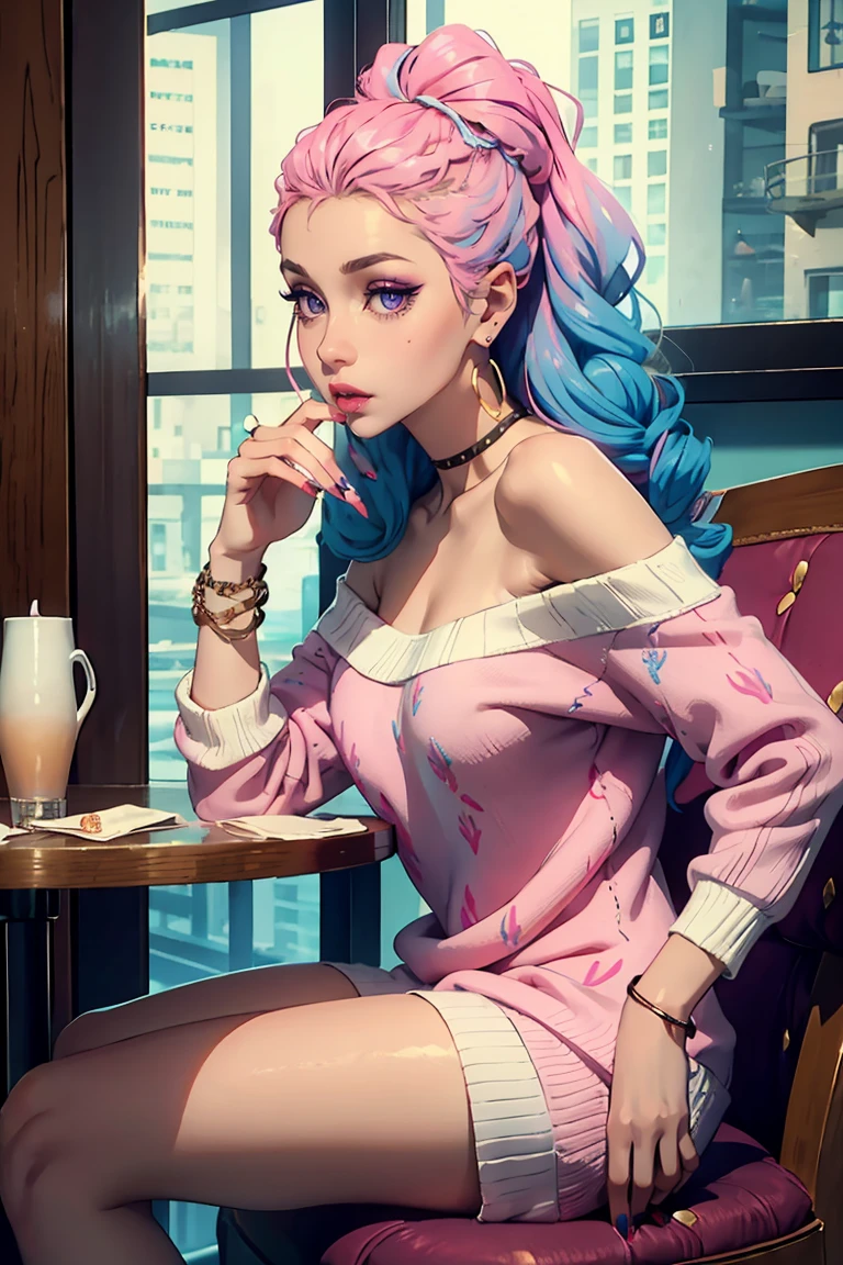 Best quality, Masterpiece, Portrait, Perfect anatomy, Femininity, Cool, Flawless, , Solo, Sexy, Stylish, Mature, Purple eyes, Long light pink hair, Mole above lip, Red lipstick, Big breasts, Outfit, in a cafe with girl with light blue hair drinking coffee