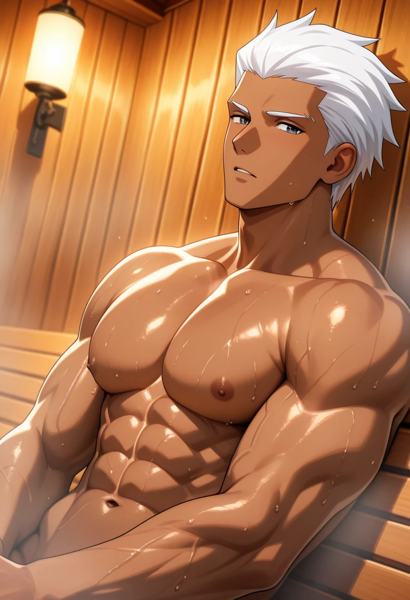 Full body shot of old giant sitting in sauna。Just as big,Too much muscle。The bronzed old man in shorts has a particularly large body。Strong and powerful, hard like a piece of iron, well-developed, full of strength, with a lot of flesh, and black skin。The whole body is getting bigger and stronger in the sauna。