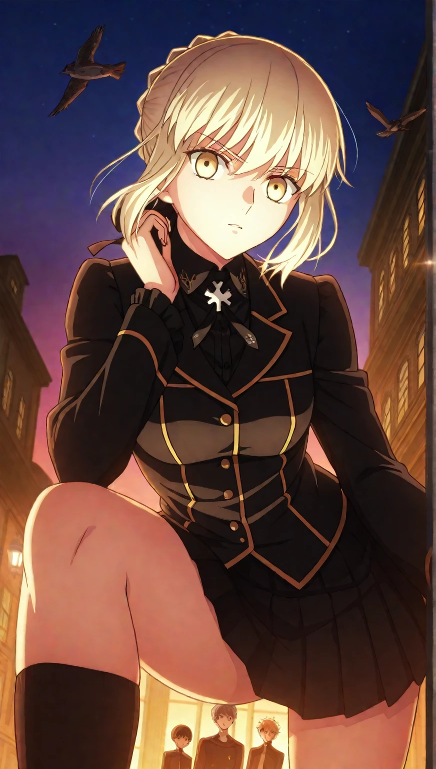 アイスWallenstein, Wallenstein, blonde, Hair between the eyes, Yellow headband, Long Hair, (Yellow Eyes:1.5),Black-rimmed glasses,happy smile, smile, shut up.,smile,blush,Black Sailor Suit,Black pleats,Short sleeve,Black socks,Brown Loafers,morning,morning陽,The sun is rising,whole bodyがイラストに入るように,Walking　　　　　　　 break looking at viewer, whole body, (Cowboy Shot:1.5), crowd, people々々　　　　　　　　　　break outdoors,In town,Building district,　　　　　　　　　　break (masterpiece:1.2), highest quality, High resolution, unity 8k wallpaper, (shape:0.8), (Beautiful and beautiful eyes:1.6), Highly detailed face, Perfect lighting, Highly detailed CG, (Perfect hands, Perfect ???????),