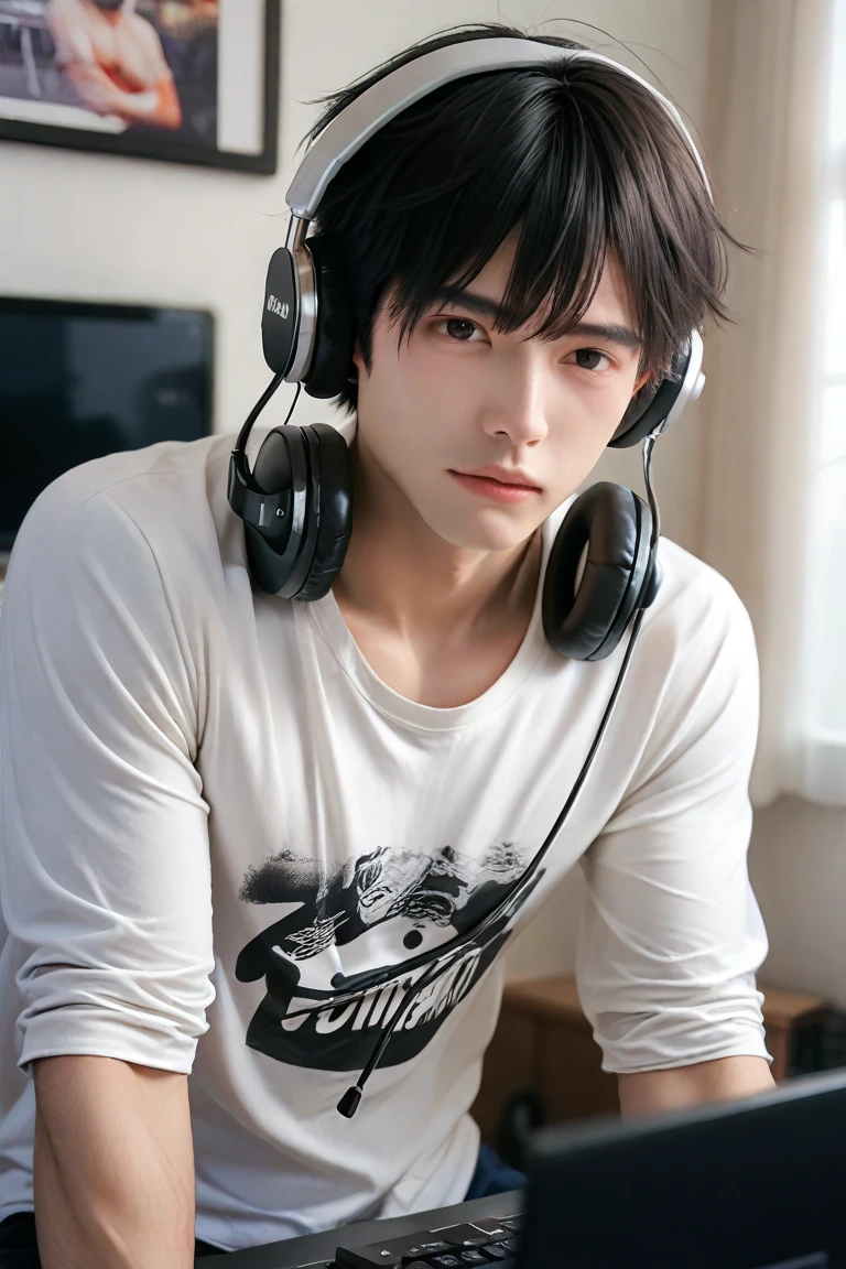 there is a man with headphones on sitting on the floor, with head phones, with headphones, wonbin lee, cai xukun, steven jung, taejune kim, yanjun chengt, wearing black headphones, profile shot, shirtless, handsome chad chin, jinyoung shin, he has headphones, inspired by Jorge Jacinto, cool looking