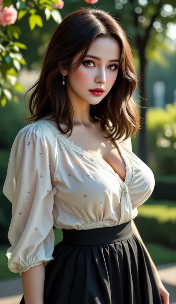 lively、25 years old、big cleavage、White V-neck long sweater maxi dress that sticks to your skin、smile、cleavage emphasis，sweaty face，messy hair，Breathless face、While looking at this，face zoom，pink glossy lips、standing pose、get horny、milf,Urban sidewalks、red light district、background bokeh、full shot