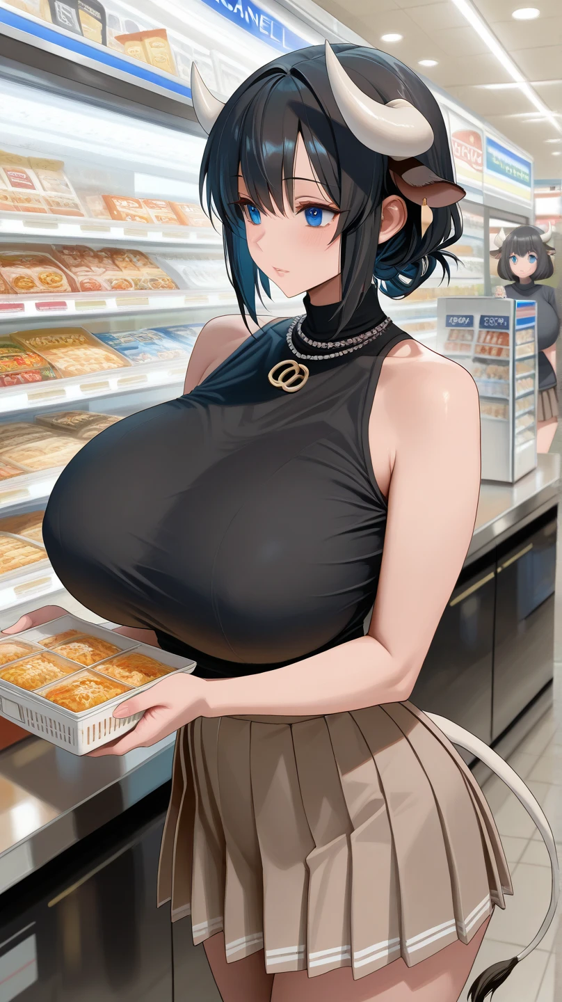 Photo of a malay female cashier with saggy breasts, (((serving customer))) inside a crowded (convenient store), 40yo, busty body, tall body, tanned skin, dimples, light, detailed face, embarrassed face, ((looking disgusted)), ((very angry)), (dissapointed), Perfect breasts, big breasts, natural breasts, G cup, (((hijab))), (((apron))), (nude), (sweat)