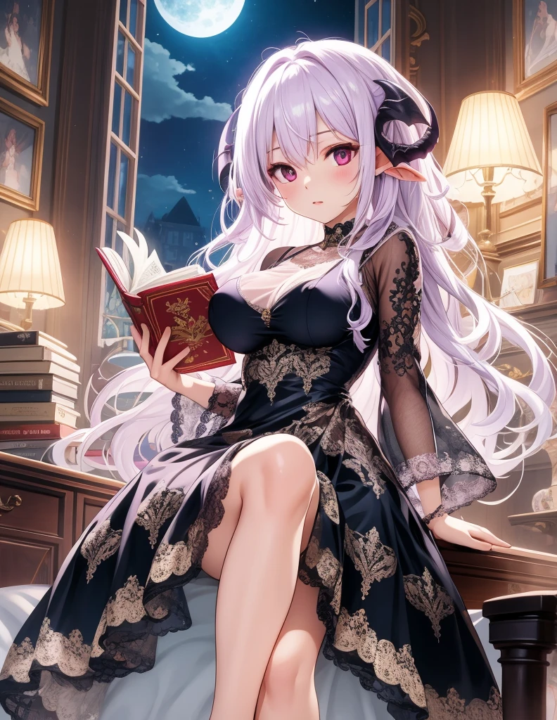 ((best quality)), ((masterpiece)), (detailed), ((highres)), In lavish manor library,  extremely long white hair. Fluffy white cat ears (on head). Long white cat tail (on butt), 1catgirl, 20 year old, curvy body, naked. Heterochromatic eyes (one blue eye, one purple eye). No shoes, white leggings, nude, no clothes, anime, short, provocative, white lewd dress, sitting
