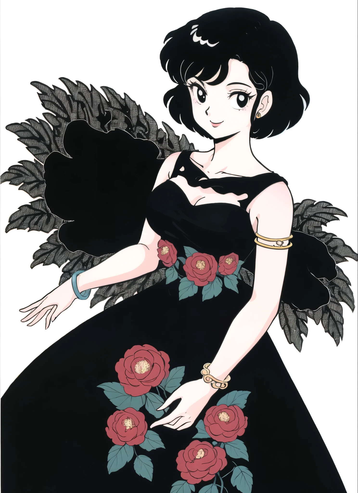 Takahashi Rumiko, tendo akane, 1980s \( style\), 1girl, short hair, bracelet, black eyes, black hair, bracelet, floral dress, joyería, retro art style, simple background, sleeveless dress, smile, Alone, white background