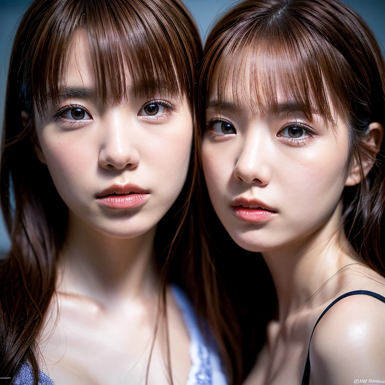 identical twin sisters、highest quality, masterpiece, ultra high resolution, (realistic: 1.4), Raw photo, 1 girl, black hair, shiny skin, fine eyes, dramatic lighting, attractive performance, long bangs, cleanliness,