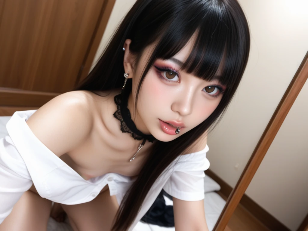 highest quality、8k、32k、masterpiece、Hmph:1.2)、One Girl、One girl, Striped Hair, Black Hair, Hair between the eyes, A small sexy mole under the eye,nsfw,(nipple slip), (Spanking:1.5)，Roll up your skirt，Black erotic thong panties、gangbang from Behind,