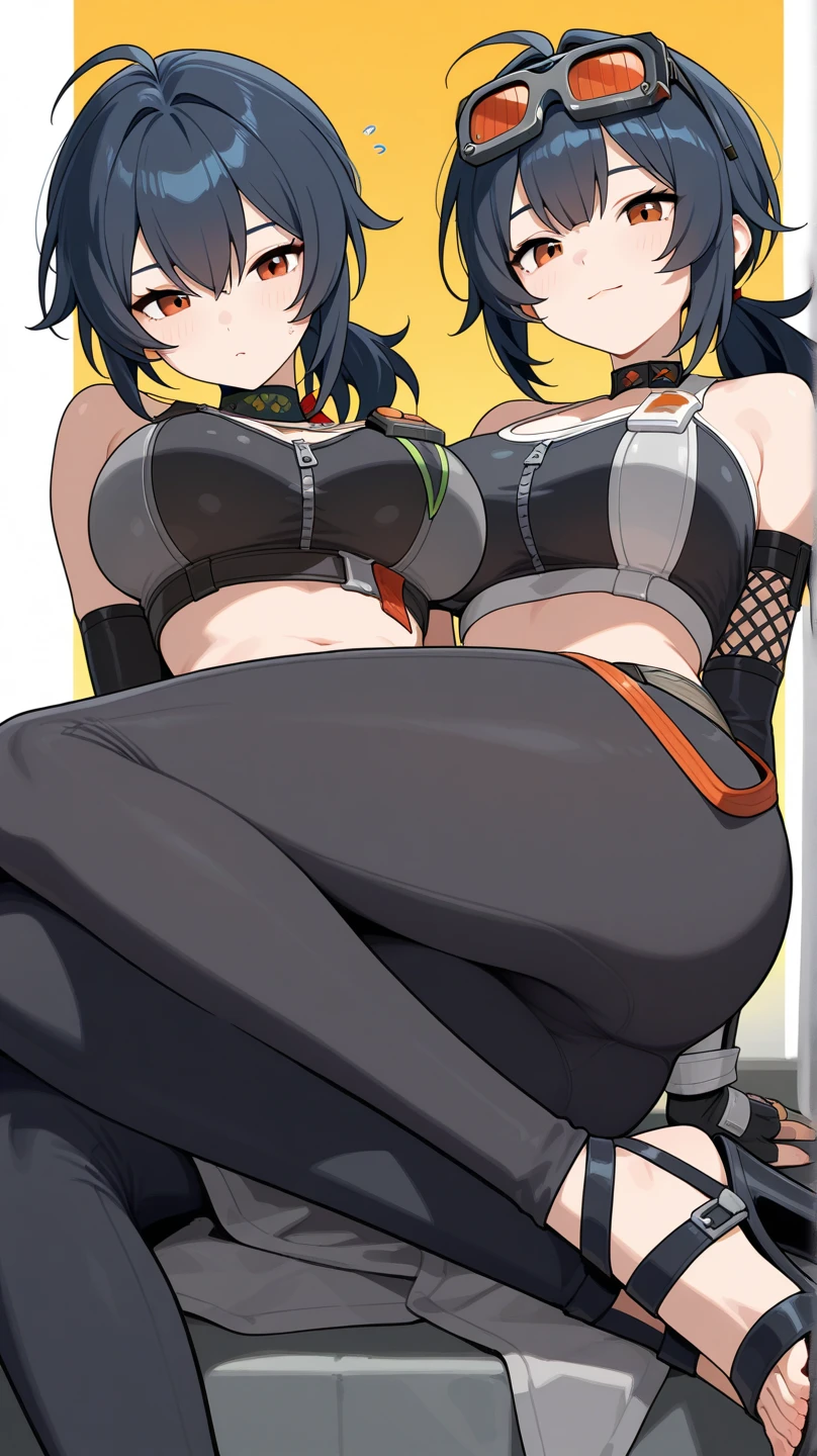 score_9, score_8_up, score_7_up, score_6_up, score_5_up, score_4_up,(Black Hair),(orange hidden highlights),(Red eyes),Gentle expression,Easygoing,(((Hair on one eye))),very big breasts,Erect nipples,Underboob,latex,open front,boots