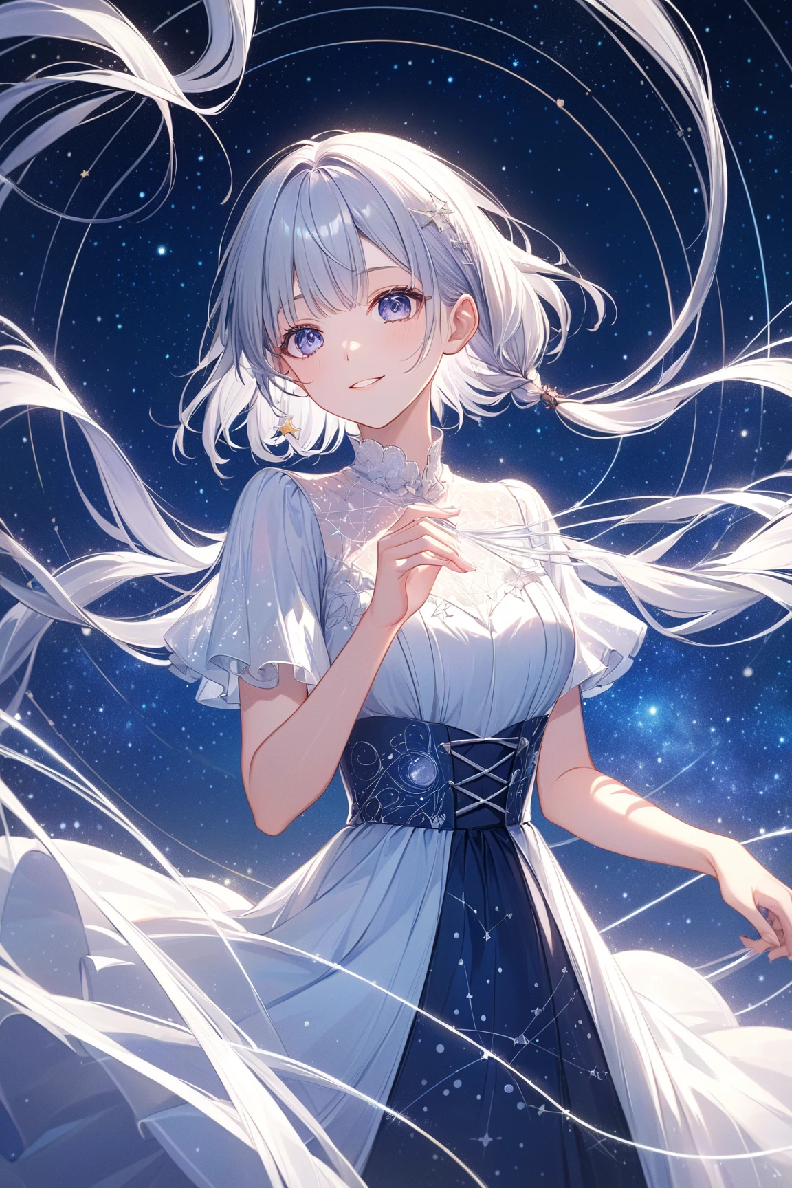 (((green, silver, glimmer)), limited palette, contrast, phenomenal aesthetic, best quality, sumptuous artwork,
(masterpiece), (best quality), (ultra-detailed),(((illustration))), ((an extremely delicate and beautiful)),(detailed light),1girl,cold theme, broken glass, broken wall,((an array of stars)),((starry sky)),the Milky Way,star,Reflecting the starry water surface,(1girl:1.3)aqua theme,white hair,blinking,white dress,closed mouth,constel lation,flat color,noline art,full Glass sphere,girl inside glass sphere,white hair,braid,blinking,white robe,bust \(sculpture\),barefoot,float,closed mouth,constel lation,flat color,holding,holding wand,looking up,standing,male focus,medium hair,standing,solo,space,universe,utaite(singer),Nebula,many stars,