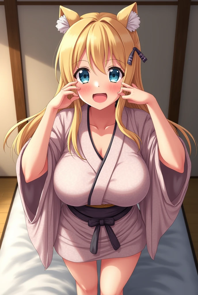 masterpiece, best quality, highres, high_definition, very long hair, a hotel, 1girl, solo, a woman in a sexy dress, sexy pose, blush, bangs, purple eyes, blond hair, ponytail, medium_breasts, sexy, seductive pose, sexy pose, very long hair, Lying in bed, lingerie, sexy lingerie, yukata, touching breast, blush, blushed, arms behind head,