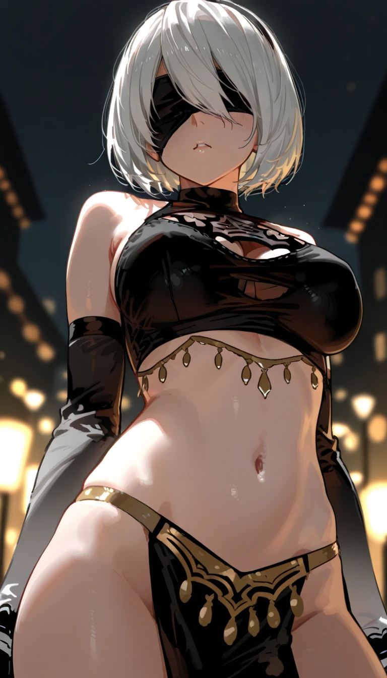 2b, rosto limpo, pose sexy, olhando para o lado, sentada, corpo inteiro, sorrindo, melhor qualidade, 4k, standing, fundo preto, extreme sexily