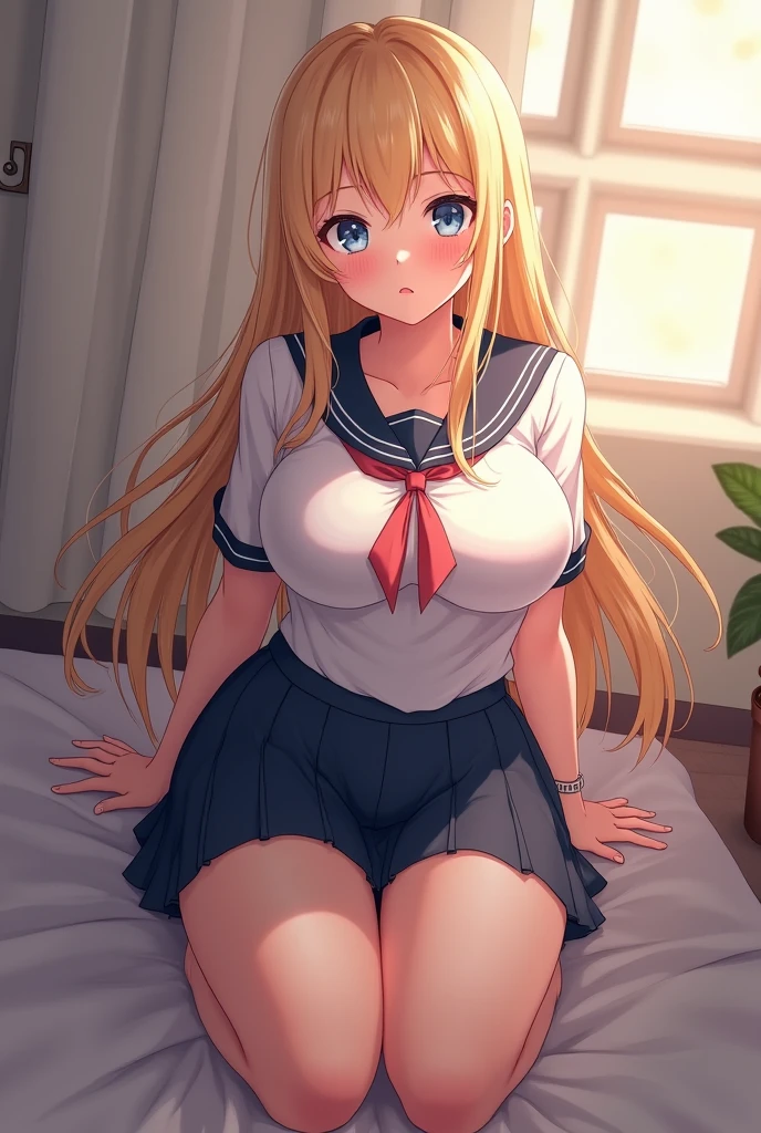 (1 woman), (Micro thong), ((under boob)), ((Crop Top shirt)), ((spread legs, one knee up)), (Sailor school uniform only for the upper body), (white short shirt), summer clothes, ((Red Ribbon Tie)), ((sheer white long thigh-high socks)), long thigh high socks, (((long gloves))), masterpiece, Best Quality, High quality, High Definition, Finely detailed, Detailed texture, realistic representation of face, Realistic, Colorful, Ray tracing, (((lighting forward))), ahegao, sad, smile, (((crying))), (drooling), (((steam))), (glowing eyes), (Detailed beautiful delicate face, Detailed beautiful eyes, A perfectly proportioned face, High detailed skin, best ratio four finger and one thumb, (((Glowing white shiny skin))), (oiled skin), (large breasts), ((Smooth texture, Realistic texture, Photorealistic)), ((Green eyes)), (((blonde semi-long hair, ponytail))), (Beautiful face, Cute face, Detailed face), on a bed
