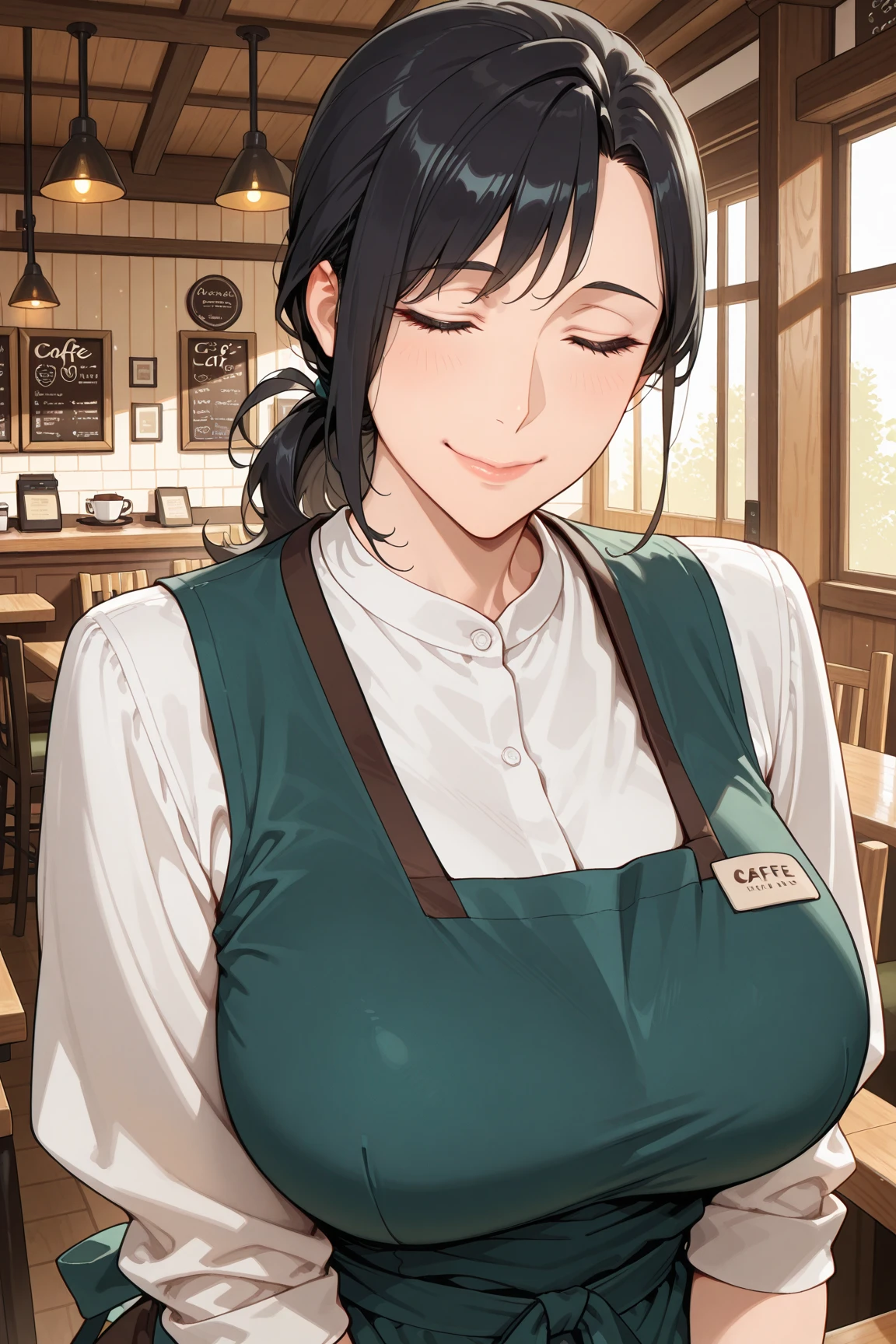 (masterpiece, highest quality, so beautiful, Super detailed), Intricate details,
One girl, Kotobuki, short hair, Mole, Earrings, jewelry, clavicle, White shirt, Green apron, smile, Cafe, cup, View Viewer,(Huge breasts:1.5)