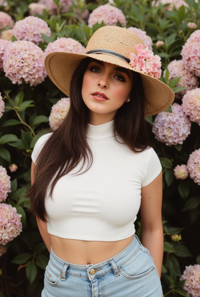 photorealistic, best quality, hyper detailed, beautiful woman, dark hair, DD size chest, field, far away picture, sun hat, short jeans, clear white tank top, flowers, skin texture, film grain, ultra high res, instagrem LUT
