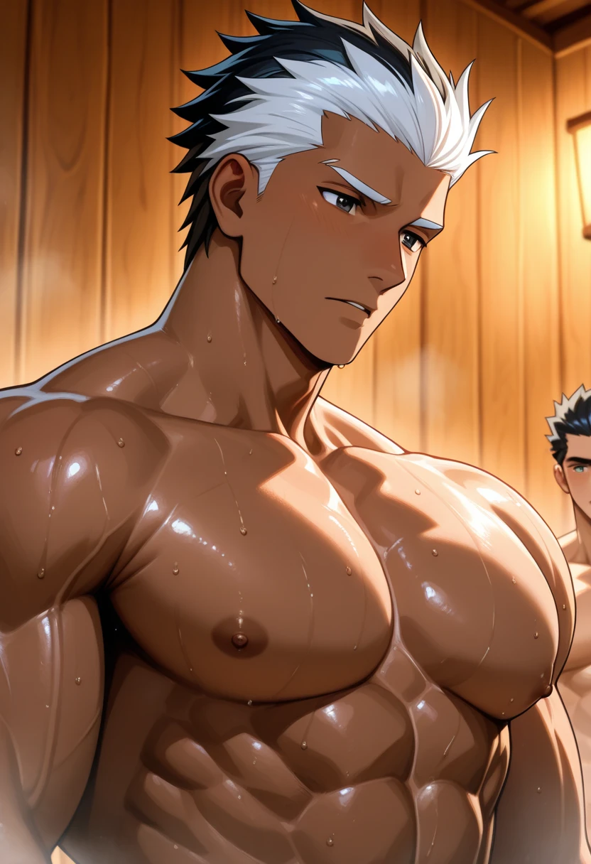 1man, muscular mature, pirate, green headscarf, gray hair, headscarf with asymmetrical bangs, blue eye, black eyepatch, short hair, tanned skin, tough, ordinary, forehead, asymmetrical medium bangs, BREAK naked guys focus, intercourse with a faceless male, duo, sex from behind, nipples, bedroom, soft plesure, looking far, detailed penis, in jrpg style, 1990s, VHS quality, masterpiece, best quality, extremely detailed guy, detailed glans