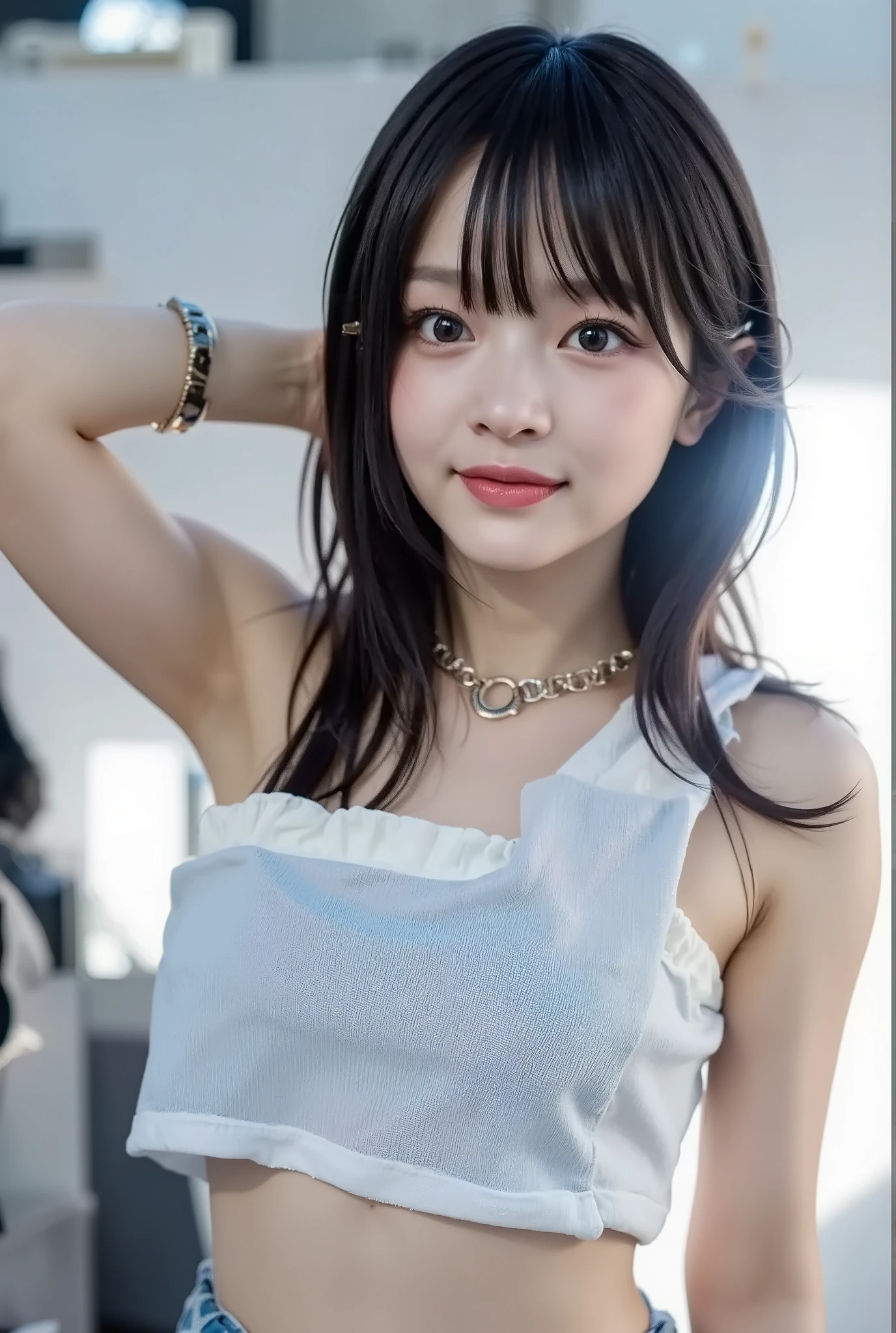 {{{top quality:1.8}}}, {masterpiece}, {16 kg、Highly Detailed Face-Eyes}, {Beautiful skin}, {professional lighting)}},{high accuracy selection},{{{{chestの上の顔の写真}}}},{{can be seen through - one high school girl in a white tank top ::Smile Yan:chest:Nipples}}、{{{{Smile:big double eyelids:mascara: teardrop bags:long eyelashes:1.8}}}、{{{{透けて見える白いタンクトップ-Nipples:1.8}}}},{{Shining Eyes}},{{bob cut::Princess Cut:ponytail:1.8}},{{Red round、earrings}},