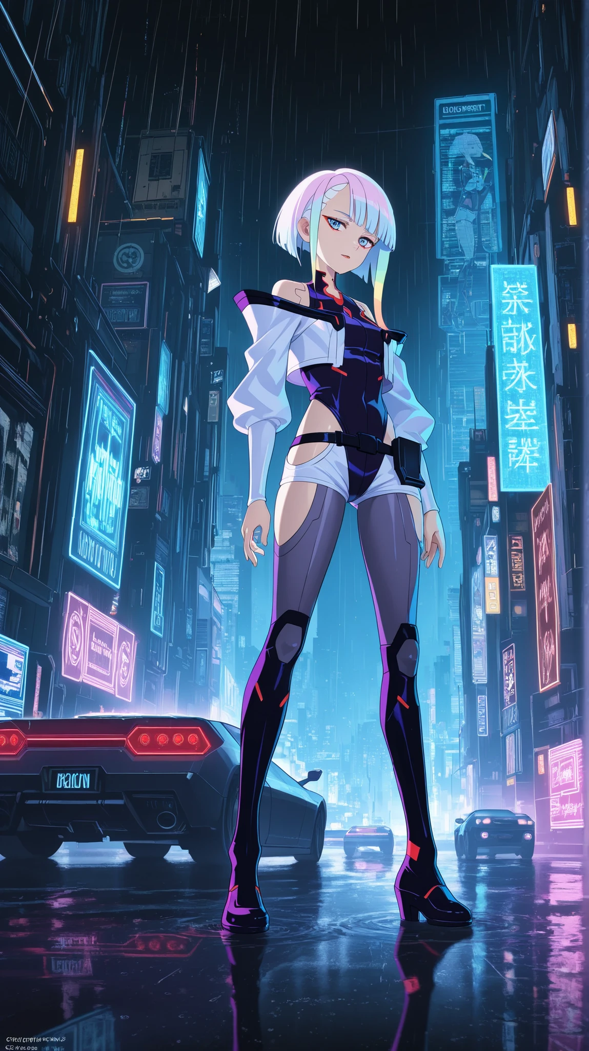 BREAK looking at viewer, BREAK (masterpiece:1.2), best quality, high resolution, unity 8k wallpaper, (illustration:0.8),extremely detailed face, perfect lighting, extremely detailed CG, (perfect hands, perfect anatomy),Cyberpunk anime cityscape, neon lights, raining, futuristic megacity, towering skyscrapers with holographic ads, glowing Japanese kanji signs, dark purple and electric blue color scheme, reflective wet streets, flying cars, dystopian atmosphere, cinematic lighting, highly detailed, 8K, anime-style shading, vibrant colors, depth of field, sci-fi atmosphere,lucy \(cyberpunk\),yculpnxl,