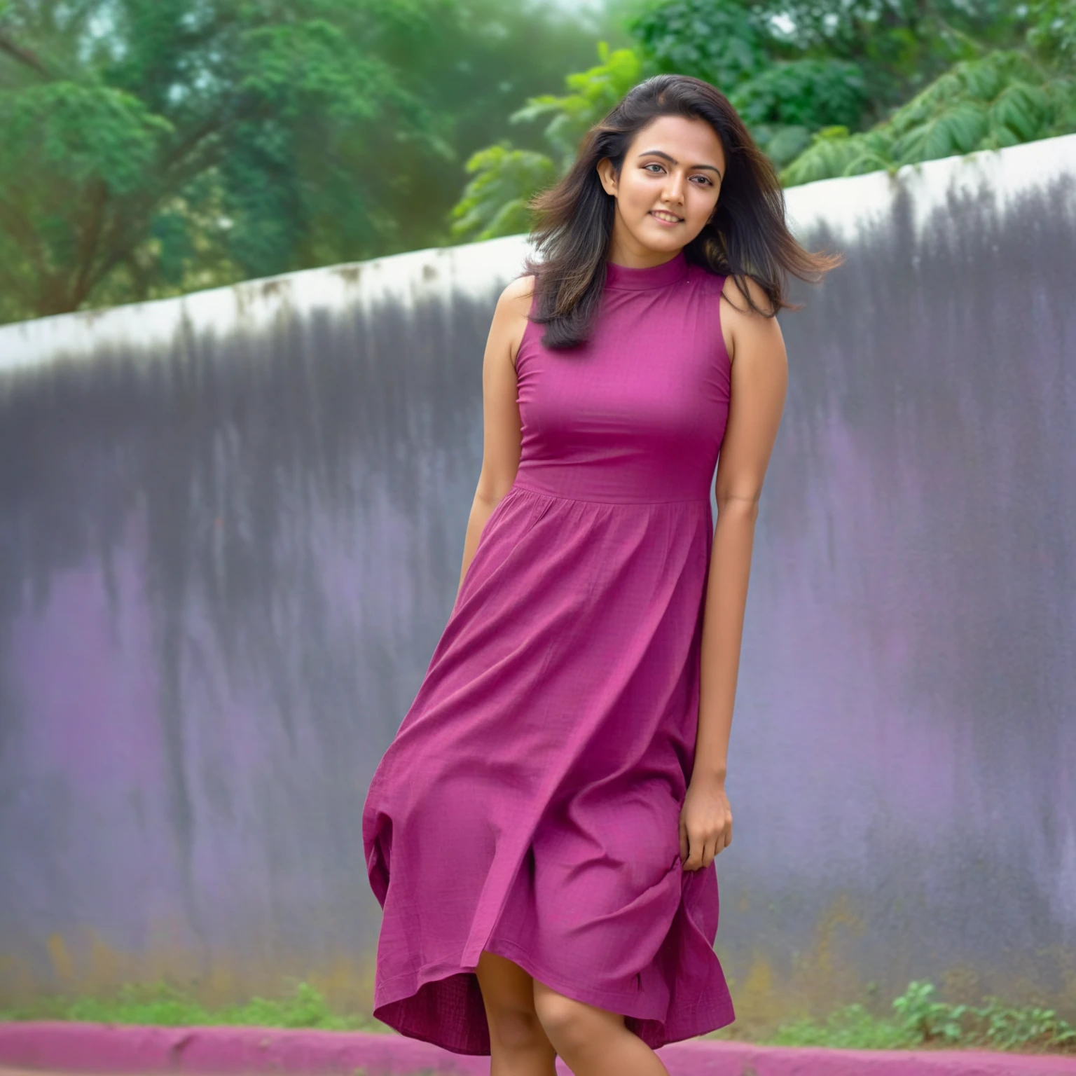 hires full body photo of a 30-year-old woman, aparna das, outdoors, looking at camera, light smile, high neck Magenta haze cotton dress, post-processing, maximum texture, masterpiece, ultra-detailed, photorealistic, sharp focus, insane details, intricate details, perfect face, realistic eyes,simple white stucco background <lora:Aparna_Das_SDXL:1>