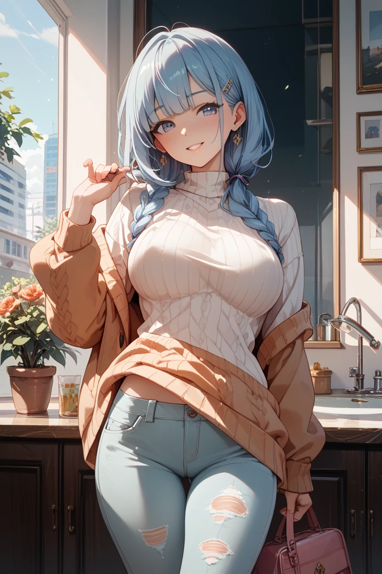 Character Details:, - Gender: 1 Girl. - Style: Anime, - Body Type: Attractive body, slim body, nice legs, slim tights, nice arms, nice shoulders. - Breast: (Small Breast:1.2), (Cleavage), (Nipple). - Facial Feature: Beautiful, Gorgeous, Teenager, Fresh, Young. - Expression: Shy, Smile, Pink Blush on Face, Sexy Eyes, Sexy Look, (Sweating:1.5), Innocent Look, Tipsy. - Hairstyle: Blunt Bangs, Long Hair. - Hair Color: (Light Blue Hair:1.5), (Messy long Hair:1.3), - Clothing: (Light Brown Sweater:1.6), (Off-Shoulder:1.3),. - Body Pose: (Sitting:1.1). - Behaviour: Waiting, Want Something, Secretly. - Accessories: Earrings., Environmental Details:, - Setting: Bed Room., - Lighting: Natural Light., - Decoration: Modern Bed, Chair, Window, White Curtain, City View. Top view. pov, anime style, UHD, retina, masterpiece, accurate, anatomically correct, textured skin