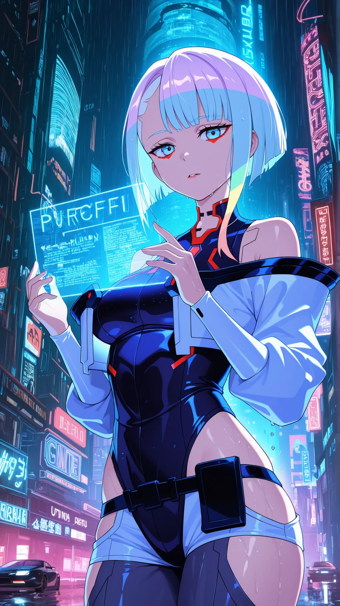 BREAK looking at viewer, BREAK (masterpiece:1.2), best quality, high resolution, unity 8k wallpaper, (illustration:0.8),extremely detailed face, perfect lighting, extremely detailed CG, (perfect hands, perfect anatomy),Cyberpunk anime cityscape, neon lights, raining, futuristic megacity, towering skyscrapers with holographic ads, glowing Japanese kanji signs, dark purple and electric blue color scheme, reflective wet streets, flying cars, dystopian atmosphere, cinematic lighting, highly detailed, 8K, anime-style shading, vibrant colors, depth of field, sci-fi atmosphere,lucy \(cyberpunk\),yculpnxl,cowboy shot,tight clothes,wet clothes.