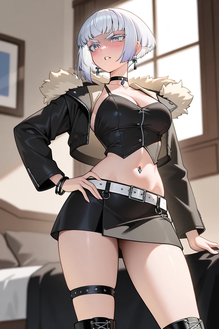 young girl, short gray hair, high ponytail, silver eyes, White leather fur coat, open belly, open breasts, Shorts, Masterpiece, hiquality