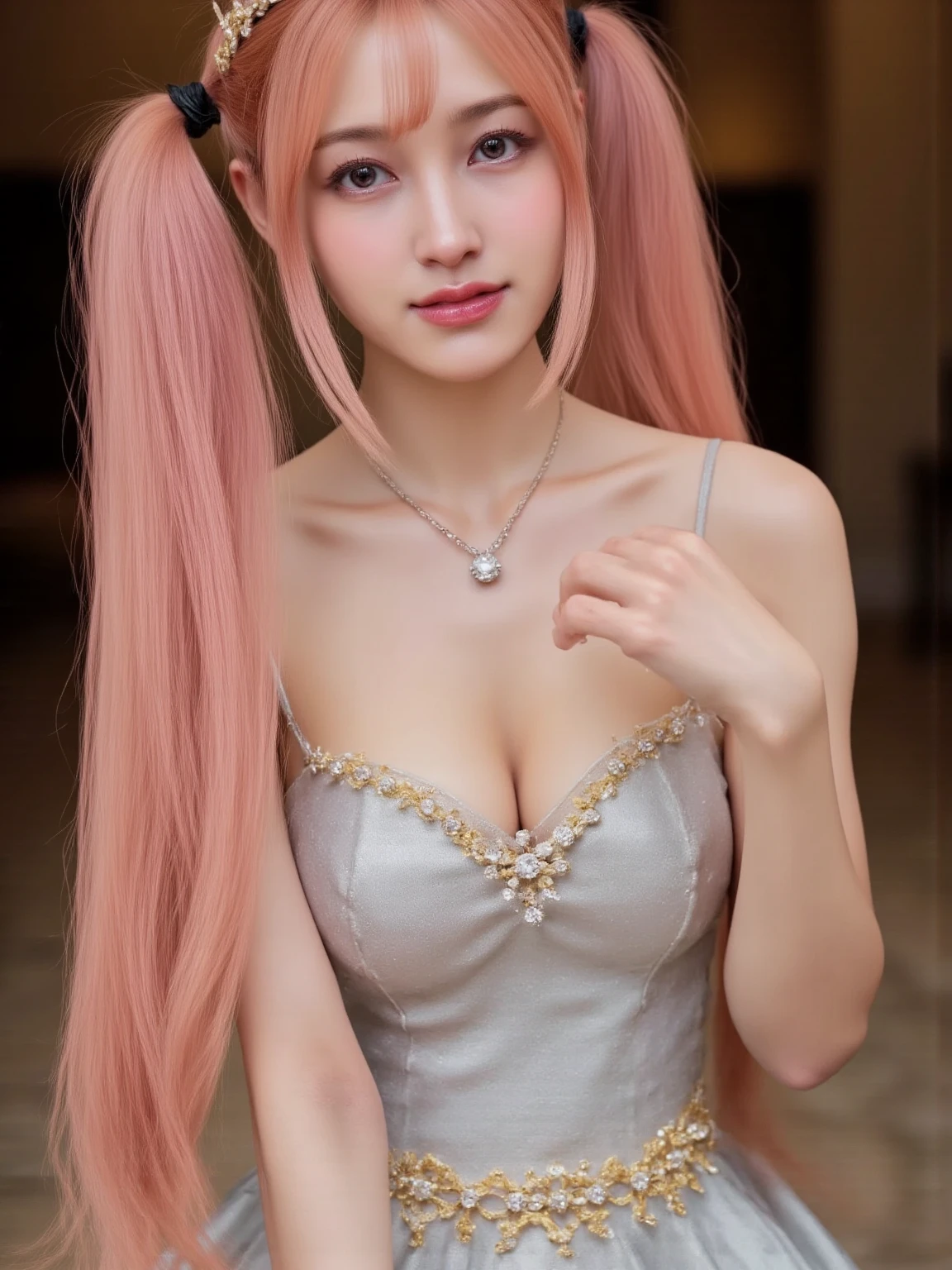 Beautiful woman with perfect body：1.4，Layered Hairstyle，Prominent cleavage，Highly detailed face and skin textures，Double eyelids，Skin Whitening，Long hair，Whitened long legs，Pink hair，（Tight-fitting sleeveless vest，miniskirt，Black pantyhose）Stand among the flowers