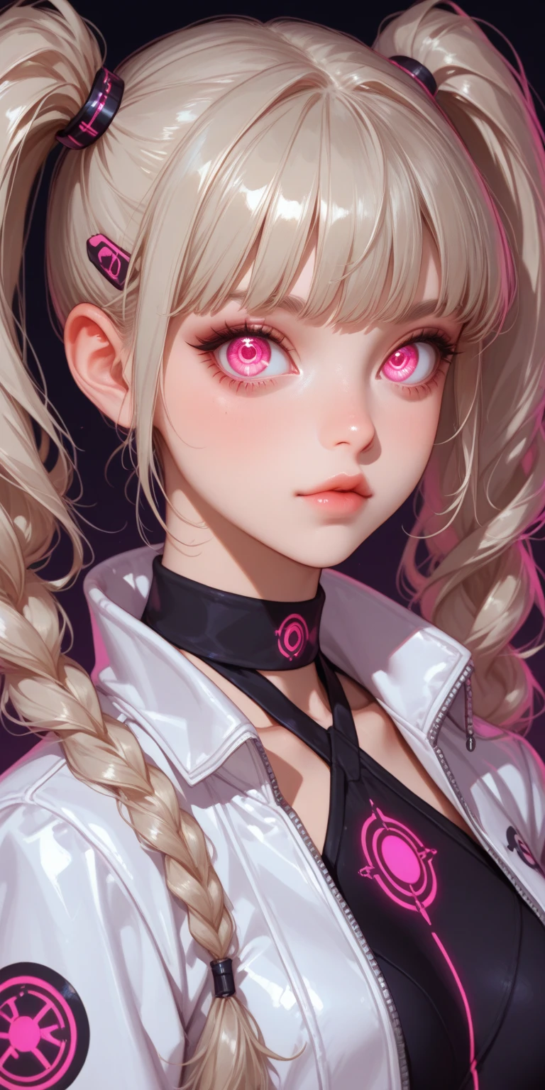 best quality, hot pink artwork, white line art, beautiful japanese girl self portrait, light up, white hair, big detailed eyes, ulzzang, ((huge breasts)), cleavage, arms behind back,